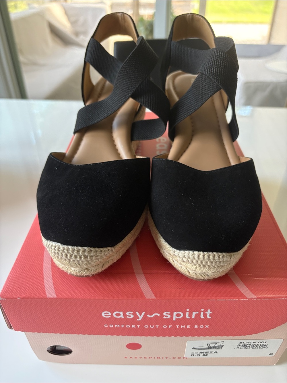 New suede leather Easy Spirit Black Espadrille Wedge Sandals Crisscross Elastic